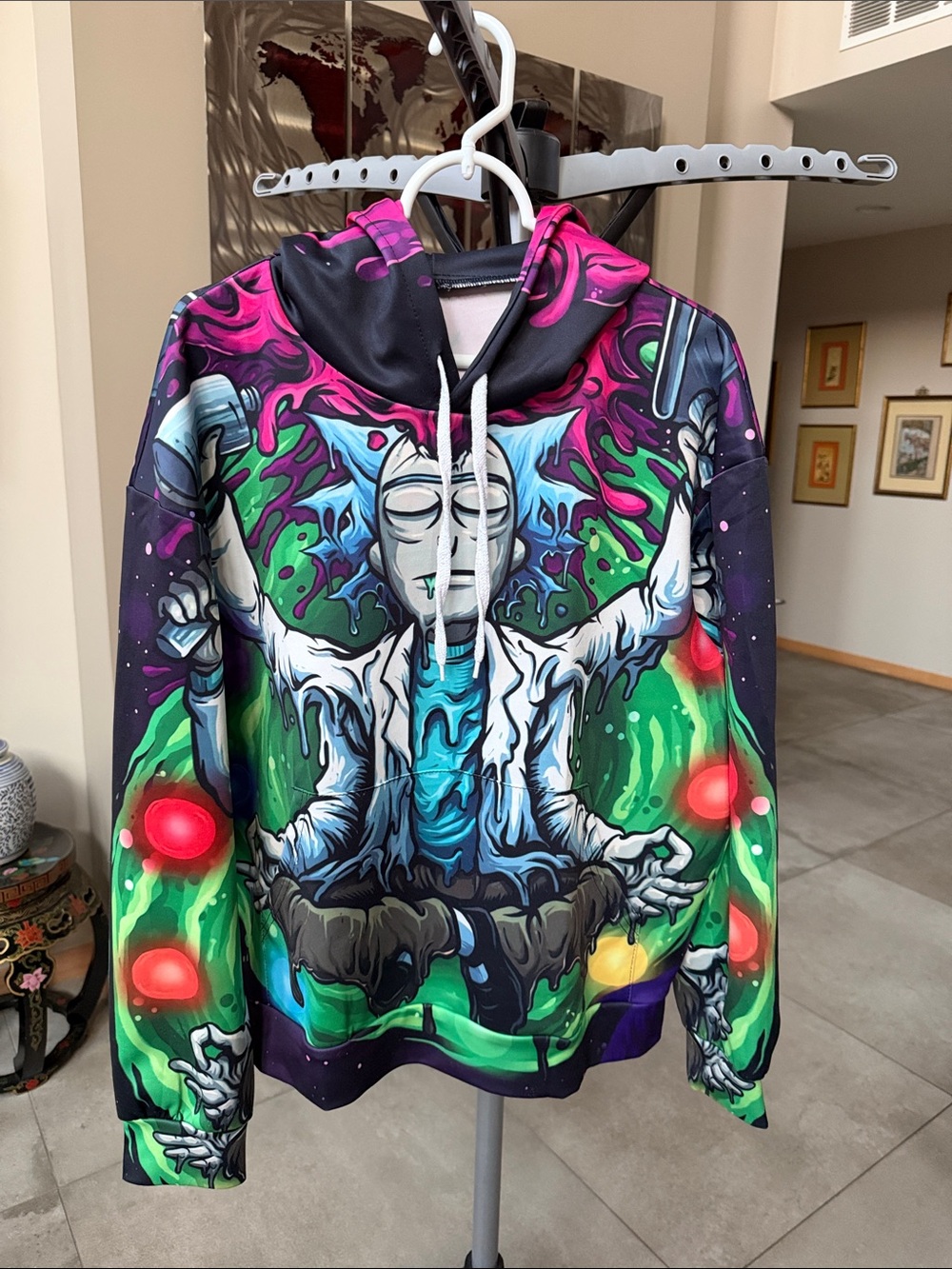 Rick and Morty Multicolor Graphic Hoodie with Cosmic Meditation Design men’s M